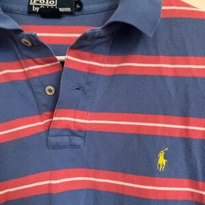 Ralph Lauren Blue collared polo Shirt with pink Stripes, golf, business, casual